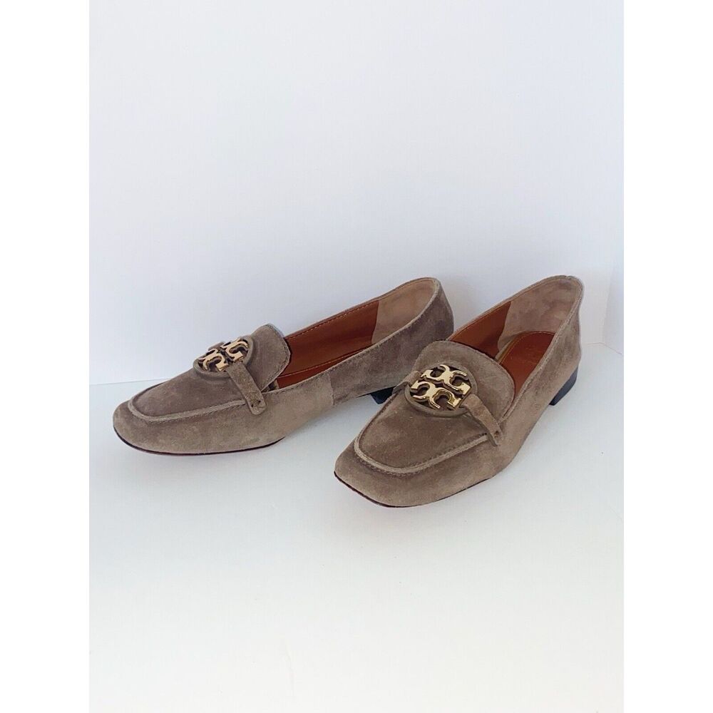 Tory Burch Miller Loafer Gold Logo Medallion Taupe Brown Square Toe Classic 5.5